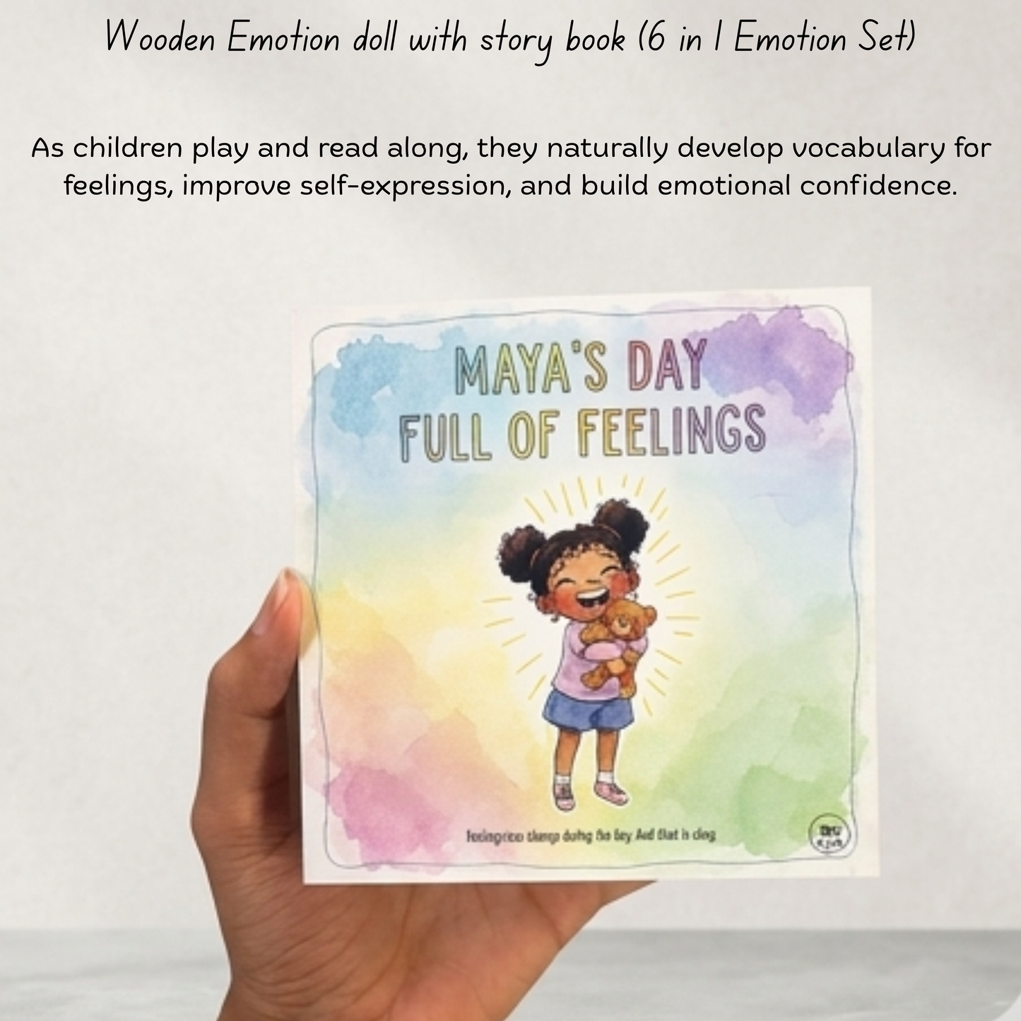 Maya's Day Full of Feelings story book included with Wooden Emotion Peg Dolls set.