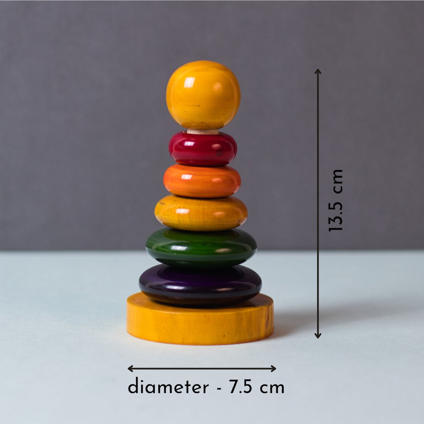 Wooden Ring Stacker measurements – handmade wooden toy from The Toy Trunk for kids color recognition, fine motor skills & stacking fun