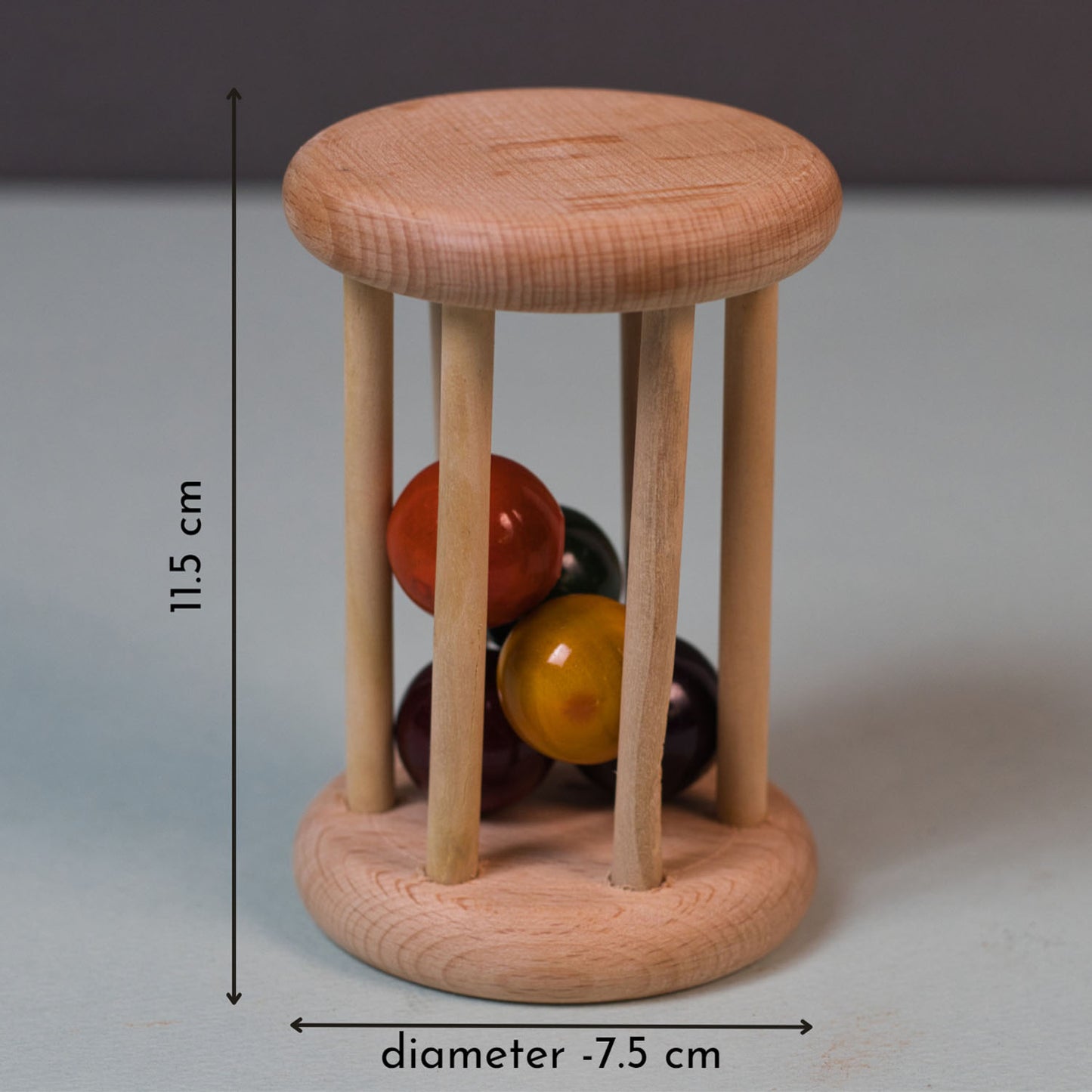 Wooden Rolling Rattle measurements – safe, non-toxic Montessori wooden toy enhancing gross & fine motor skills, hand-eye coordination & spatial awareness