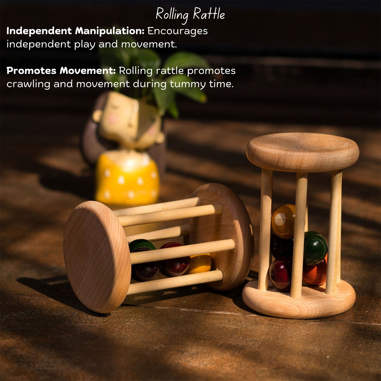 Wooden Rolling Rattle by The Toy Trunk – handmade Montessori wooden sensory toy with colorful beads for infants & toddlers developing motor skills & coordination