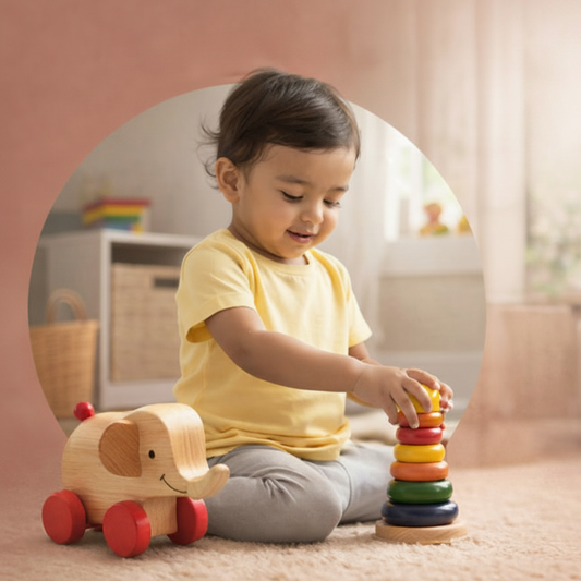 Baby playing with a wooden elephant push toy and a rainbow stacking ring toy on a soft rug
