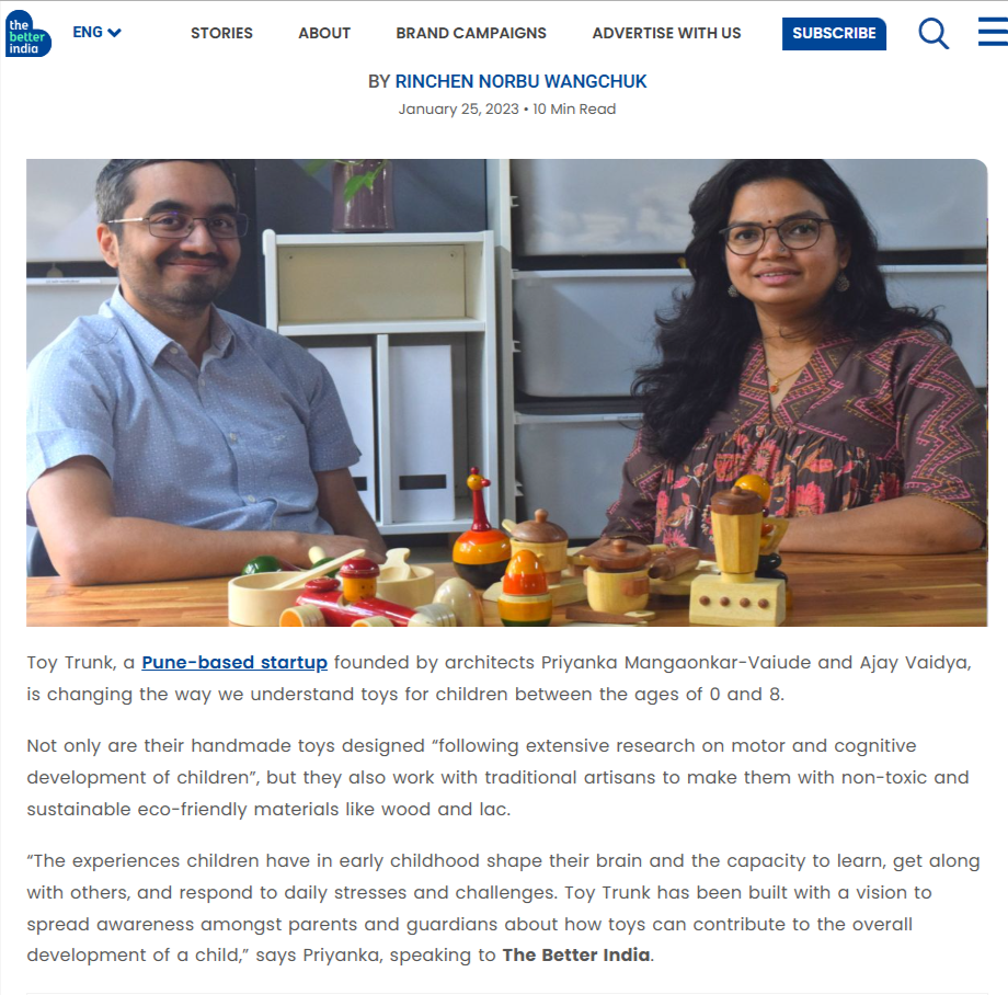 The Better India: Pune Architects Script Success With Eco-Friendly Educational Toys Handmade by Artisans