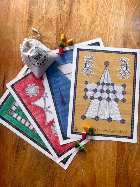 Traditional Indian board games set of 4 on canvas boards with wooden pegs and cowrie shells for kids by The Toy Trunk