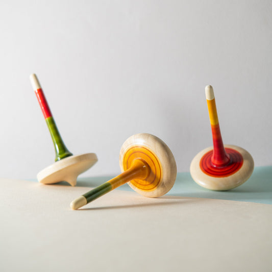 Handmade wooden spinning tops set of 2, traditional Indian lattu toy for focused screen-free play, best wooden toys for 5 year olds in India