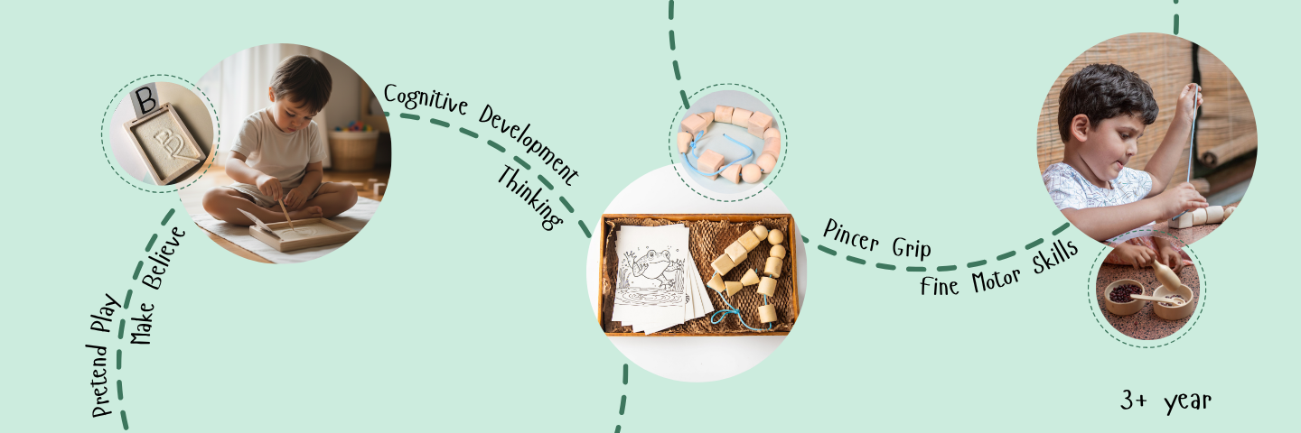 Wooden Playful Development Kit by The Toy Trunk – includes fabric elephant animal toy, bird teether & wooden interlocking disc for babies & toddlers