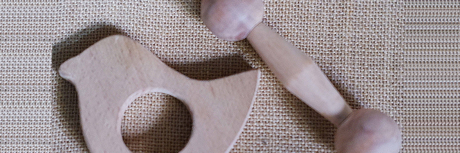 Wooden Bird Teether and Wooden Dumbbell Teether set for babies, handmade, eco-friendly, safe for sensory development and teething relief.