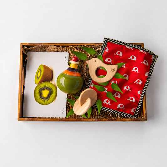 Wooden Joyful Journey Baby Box | Wobbler, Bird Teether, Disc & Fruit Flash Cards | 3–12 Months