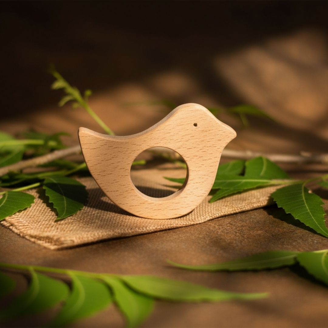 Neem Wood Baby Teether Set – Bird & Disc | Safe Organic Teething Toy for Babies 3–12 Months