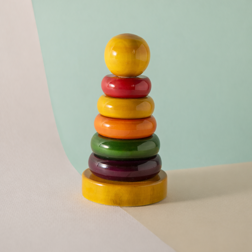 Wooden Learn & Stack Discovery Kit | Montessori Ring Stacker + Fruit Flash Cards | 1–2 Years