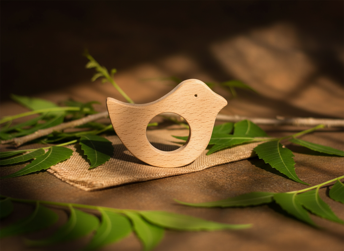 Close-up of neem wood bird teether for babies 0–12 months.