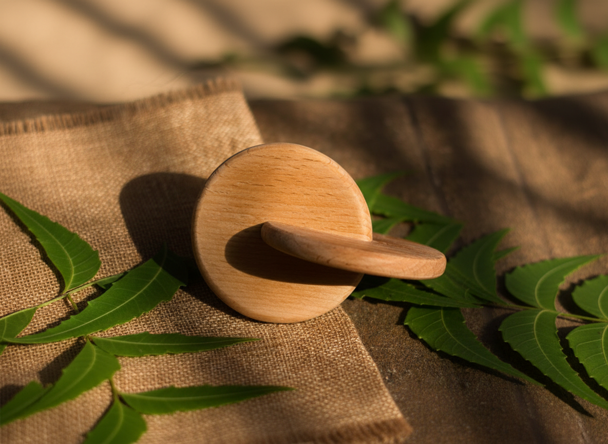 Wooden interlocking disc for sensory play and fine motor exploration.