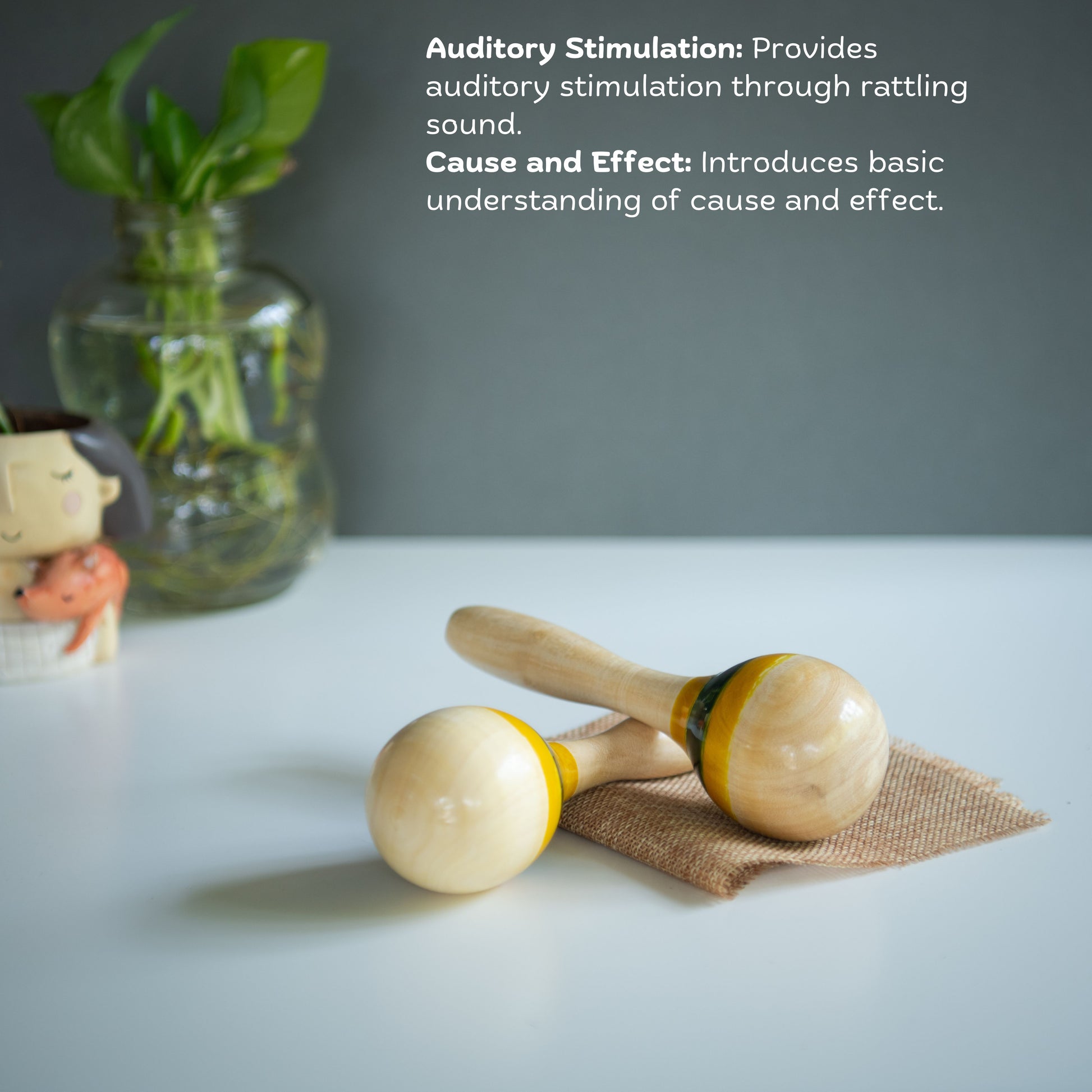 Close-up of Wooden Maraca Rattle Set of 2 with colourful finish for baby sound play.