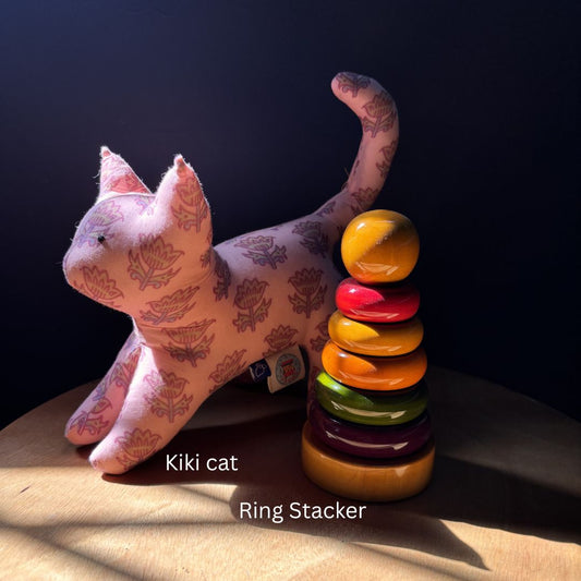 KiKi Kat cotton block print soft toy with wooden ring stacker toddler learning toy combo