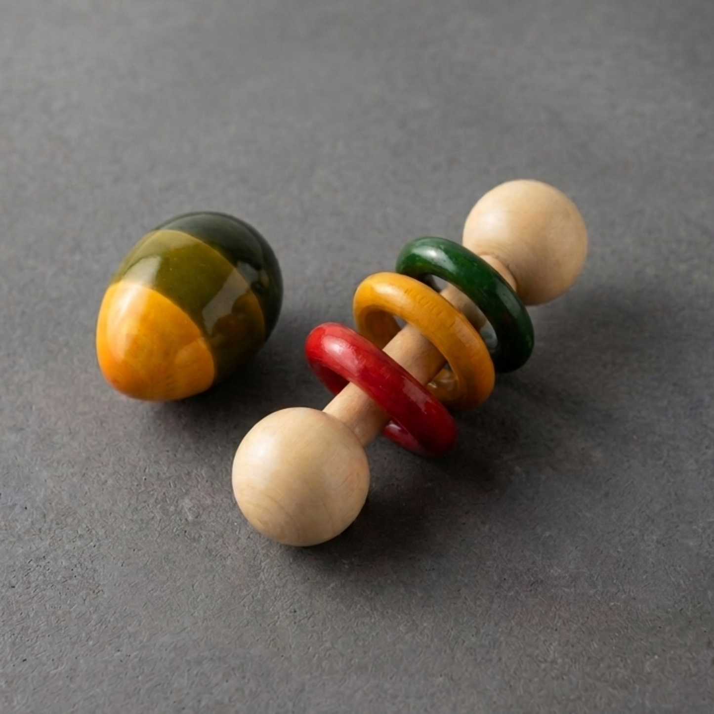 Wooden Egg Rattle and Dumbbell Rattle Set for babies, handcrafted non-toxic wooden baby rattle set.