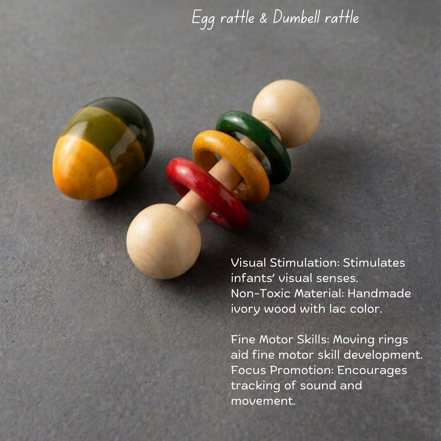 Wooden Egg and Dumbbell Rattle Set product view, easy-grip sensory toy for babies.