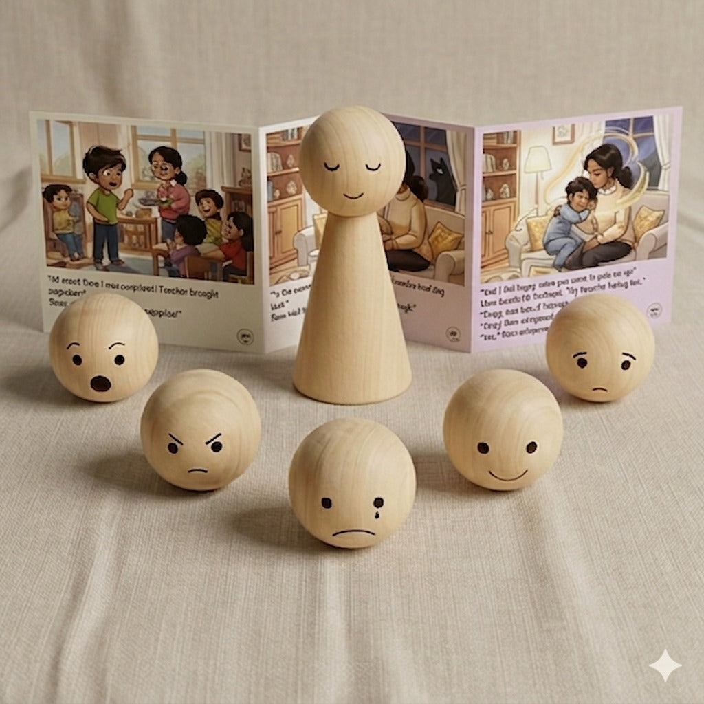 Wooden Emotion Peg Dolls with Story Book | Learn 6 Feelings | Social-Emotional Toy for Kids 2–5 Years