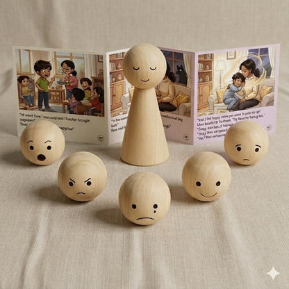 Wooden Emotion Peg Dolls with Story Book | Learn 6 Feelings | Social-Emotional Toy for Kids 2–5 Years