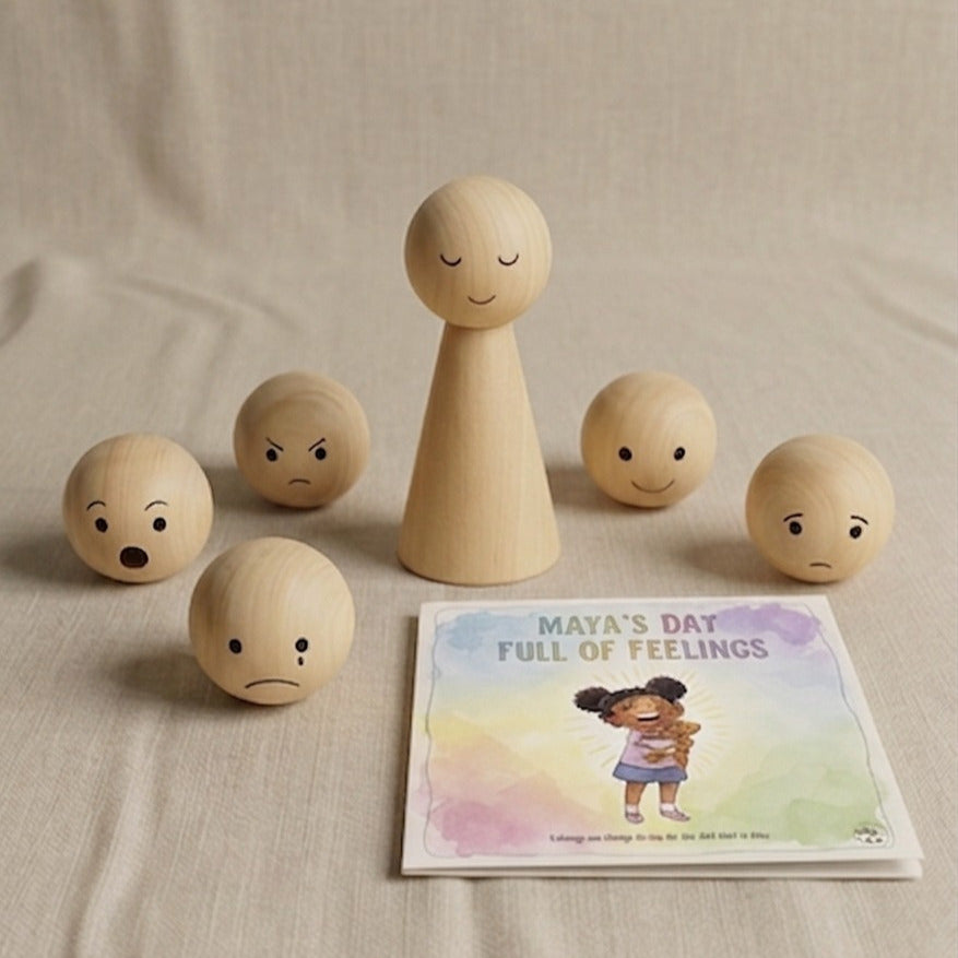 Wooden Emotion Peg Dolls with Story Book | Learn 6 Feelings | Social-Emotional Toy for Kids 2–5 Years
