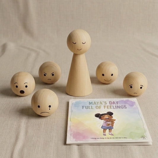 Wooden Emotion Peg Dolls with Story Book | Learn 6 Feelings | Social-Emotional Toy for Kids 3–5 Years