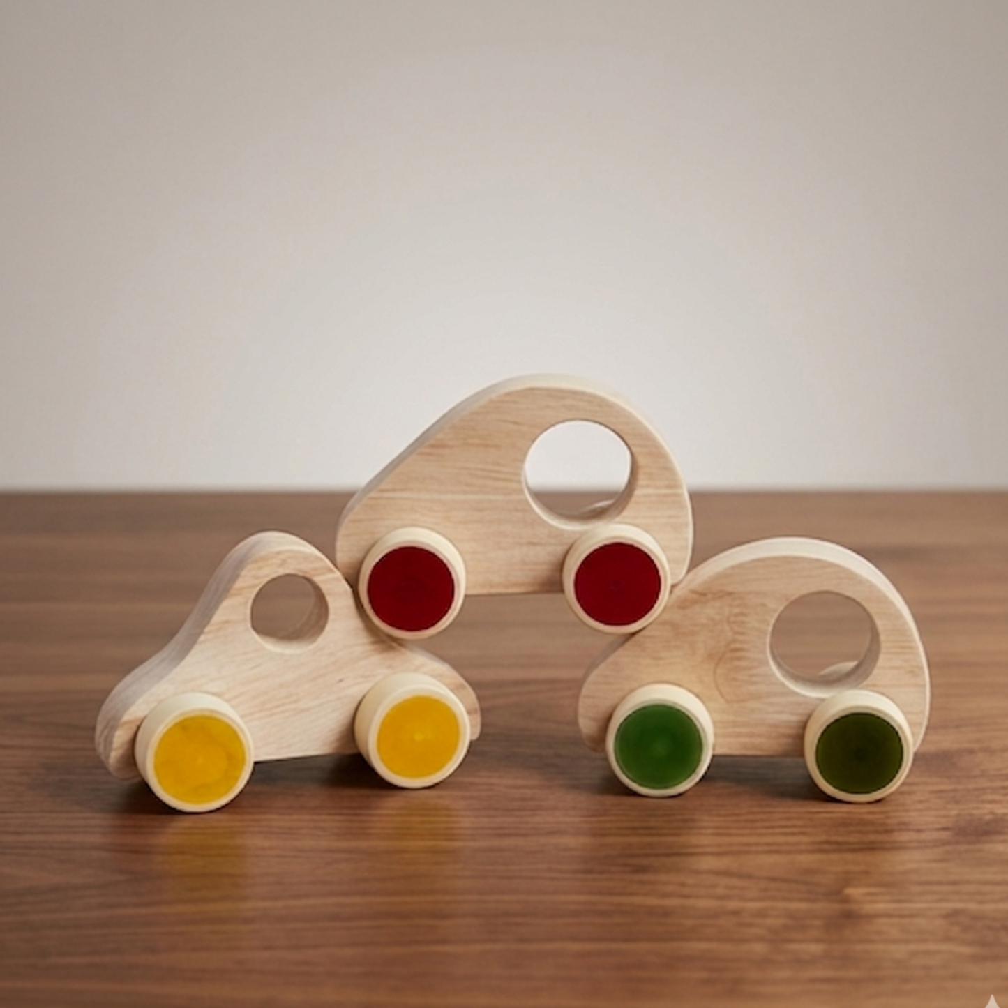 Wooden Push-Along Car Set of 3 for toddlers, handcrafted motor skill toy.