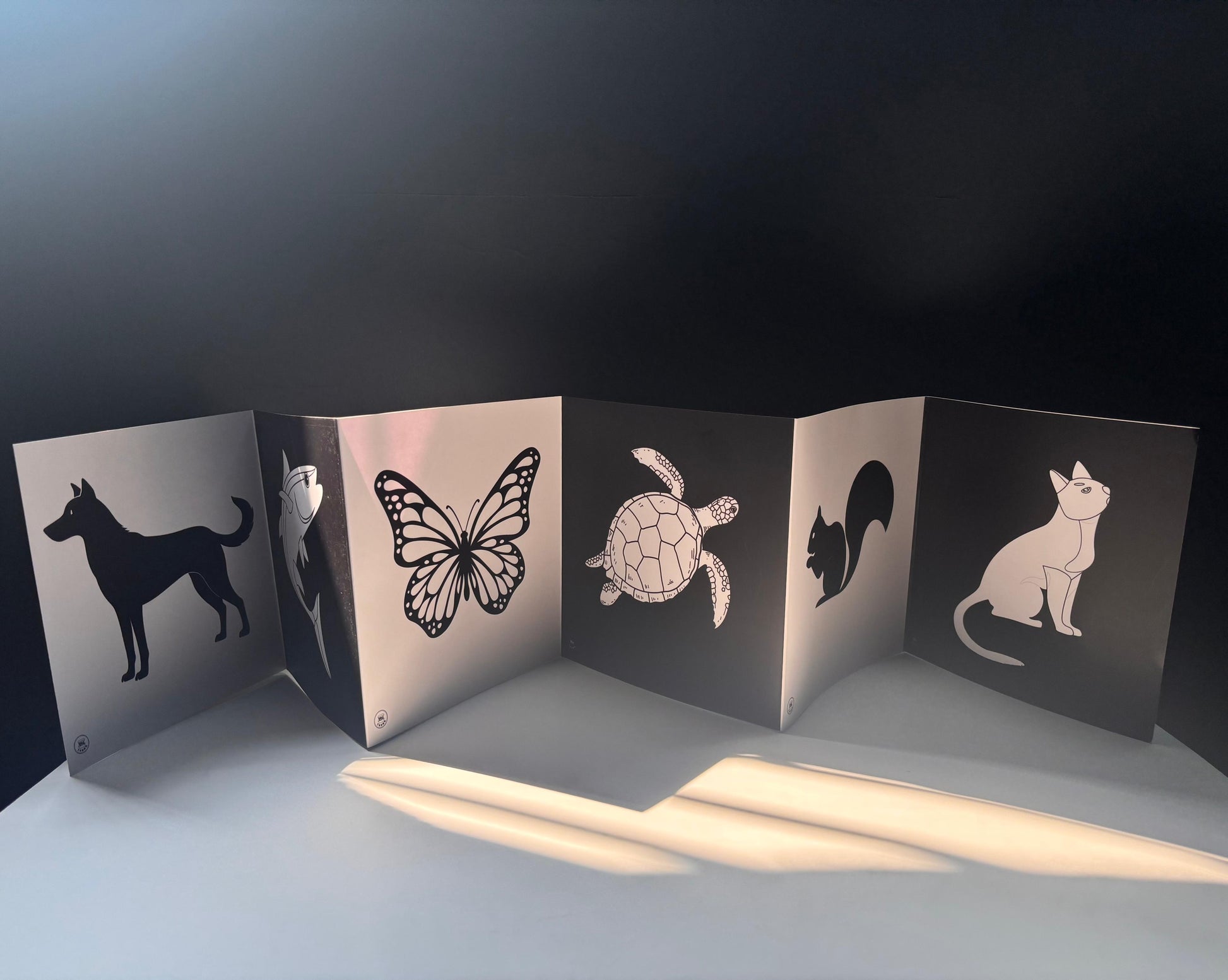High contrast accordion book for babies with black and white animal illustrations.