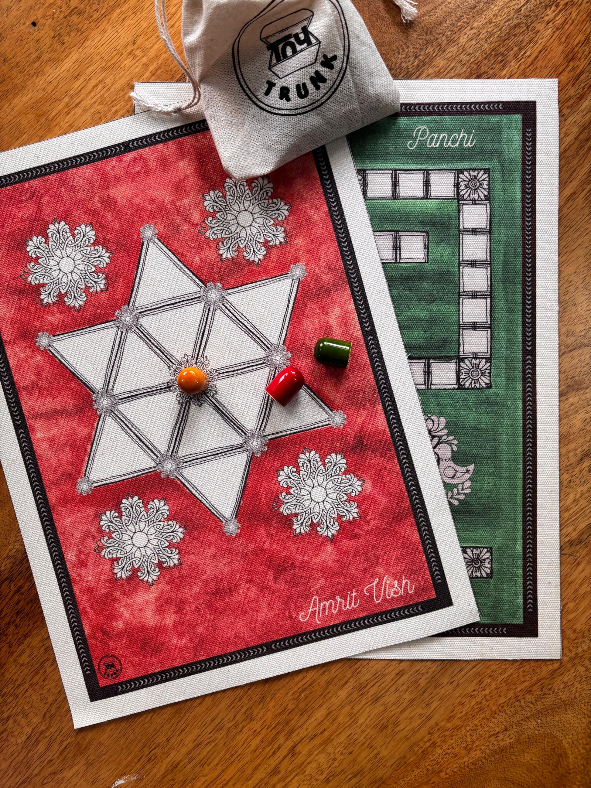 Amrit Vish + Panchi Indian Strategy Board Game Duo with canvas boards and wooden pieces.