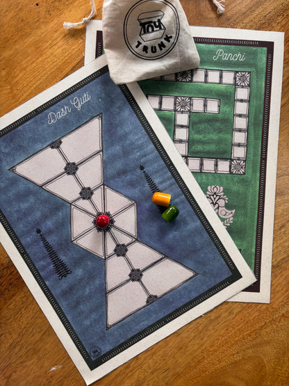 Dash Guti + Panchi Indian Strategy Board Game Duo with canvas boards and wooden pieces.