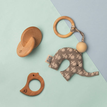 Interlocking disc teether, bird teether & fabric elephant from Newborn Sensory Starter Kit, safe soft sensory toy for babies 0–12 months.