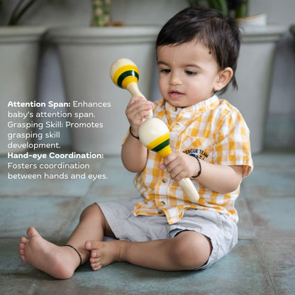 Child playing with Wooden Maraca Rattle, easy-grip sound play toy for sensory development.