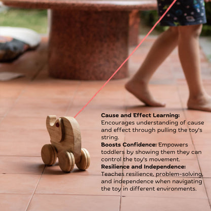Kid playing with Wooden Ellie the Elephant – Montessori-inspired pulling & lacing toy for toddlers, enhancing problem-solving, sensory & motor skills with benefits 