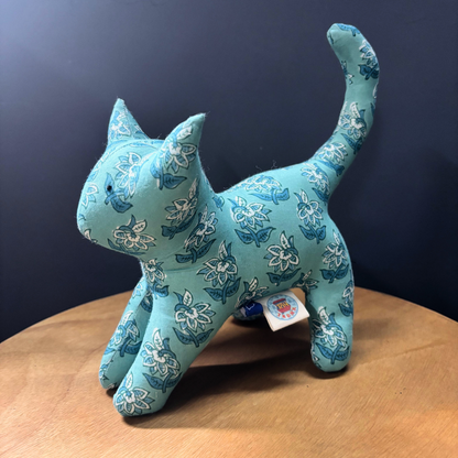 KiKi Kat handmade cotton soft toy in teal and blue floral handblock print.