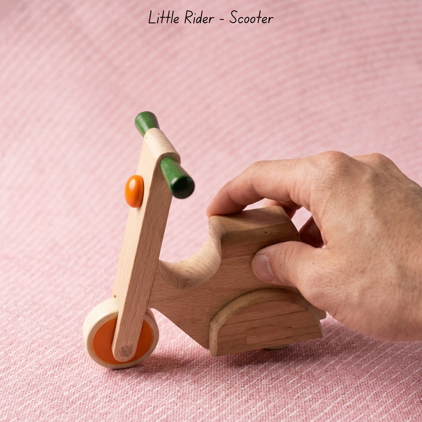 Wooden scooter push-pull toy for toddlers, supporting tactile play and hand-eye coordination.