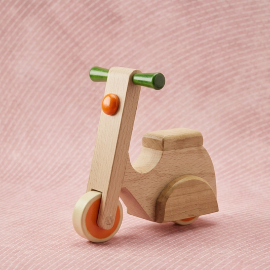 Handcrafted wooden scooter push and pull toy for toddlers.