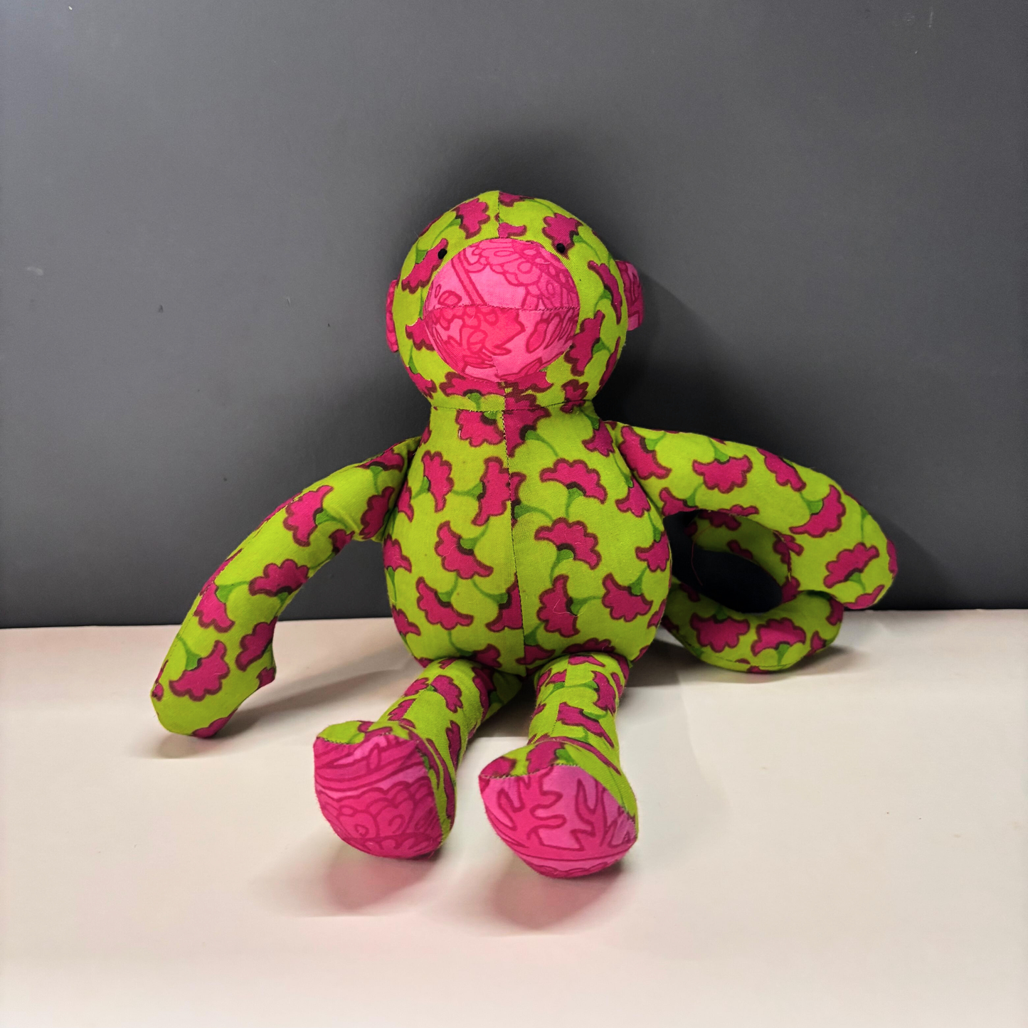 Mimi Monkey cotton soft toy in yellow jungle handblock print for toddlers.