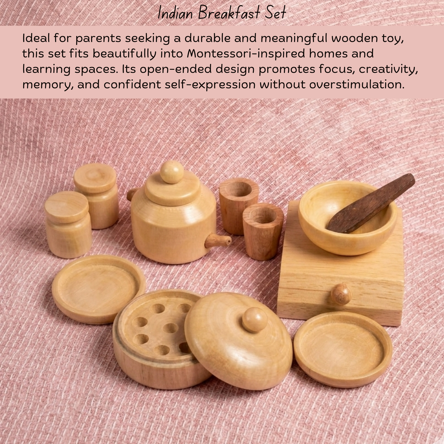 Montessori wooden kitchen toy benefits for focus, self-expression and open-ended play.