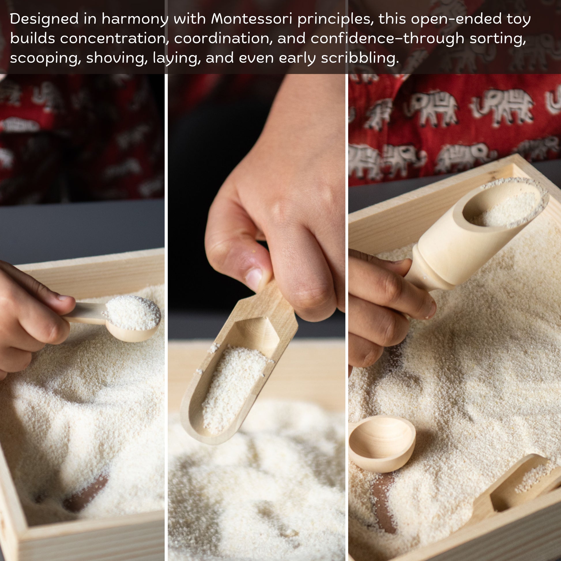 Child using Montessori Wooden Sorting Tray for scooping, sorting and fine motor skill play.