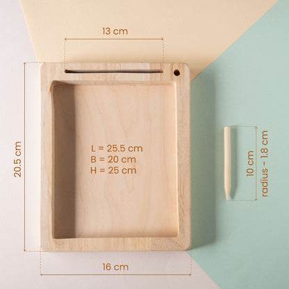 Montessori Wooden Sorting Tray measurement details for toddlers 1–3 years.