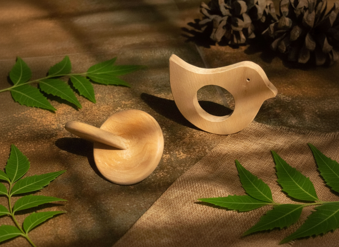 Eco-friendly bird-shaped wooden teether and developmental interlocking disc for babies, handcrafted by The Toy Trunk.