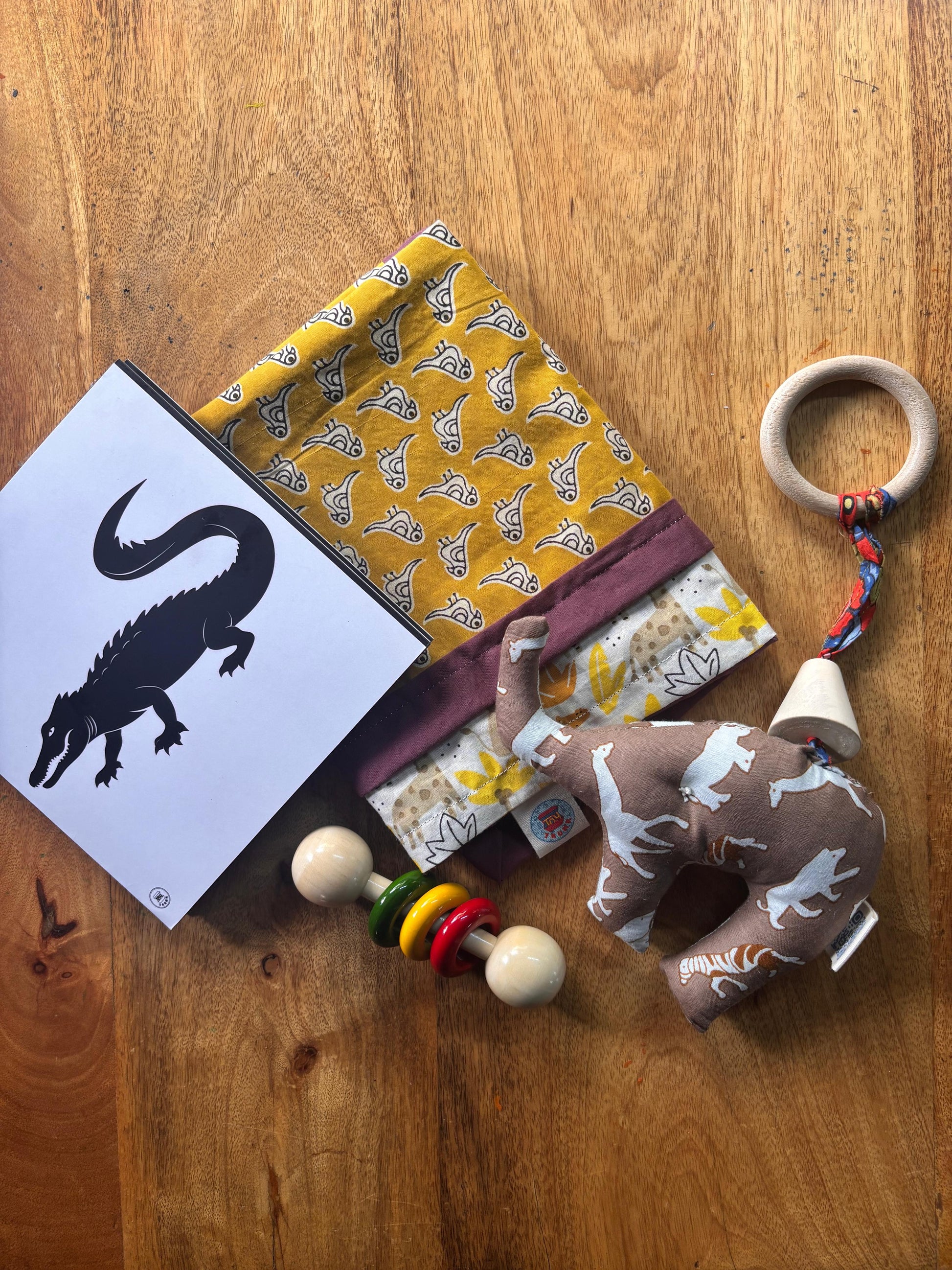 Newborn Baby Gift Set | Cotton Mat, Neem Teether, Rattle & Elephant Toy | 0–12 Months