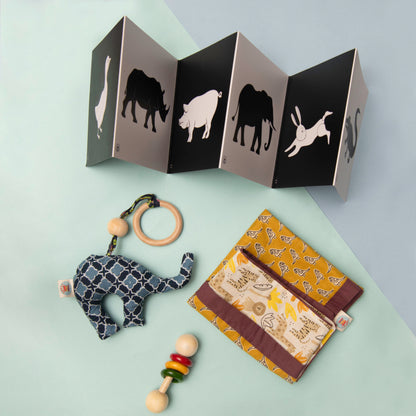 Newborn Baby Gift Set | Cotton Mat, Neem Teether, Rattle & Elephant Toy | 0–12 Months