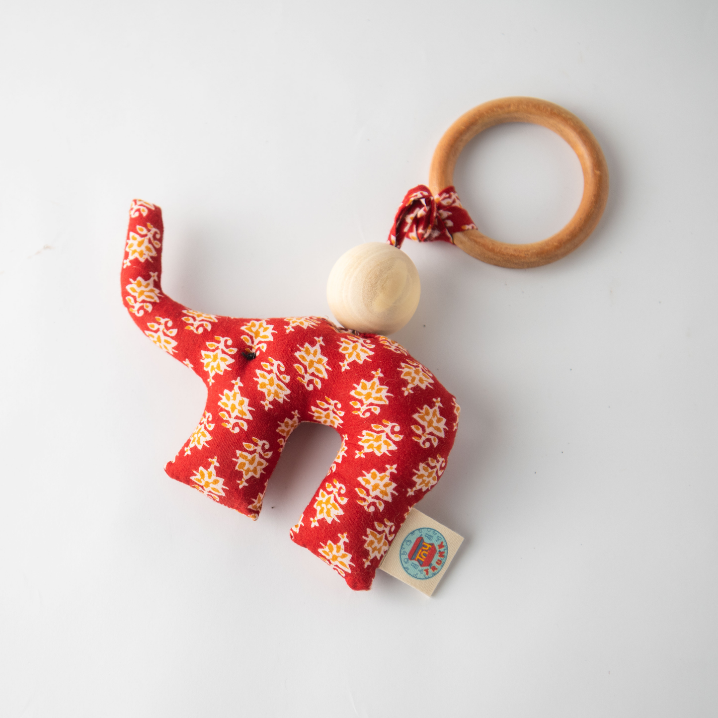 Soft elephant cuddle toy with wooden ring teether for newborn baby gift set.