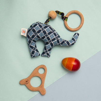 Wooden Playful Trio Baby Set with neem wood rocket teether, wooden egg rattle and soft fabric elephant sensory toy for babies 6–24 months.