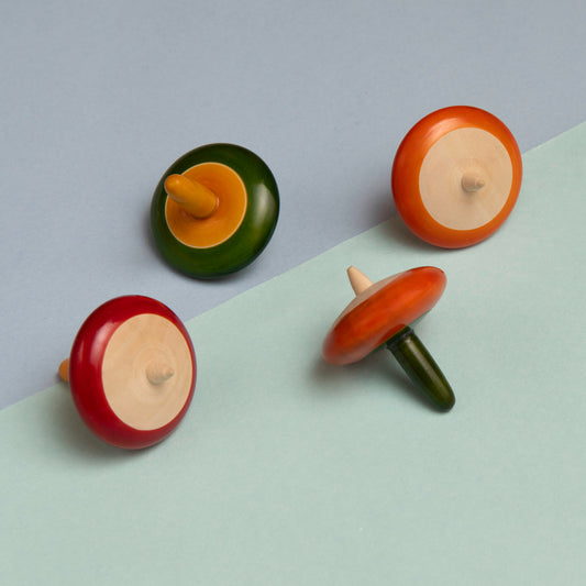 Handmade wooden finger spinning tops set of 4, traditional Indian lattu focus toy for kids 3 years and above.