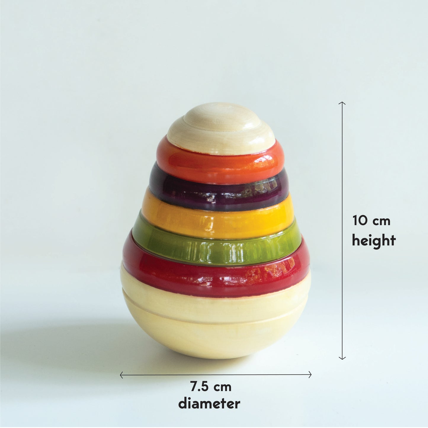Wooden pear wobbler measurement details for babies 3–12 months.