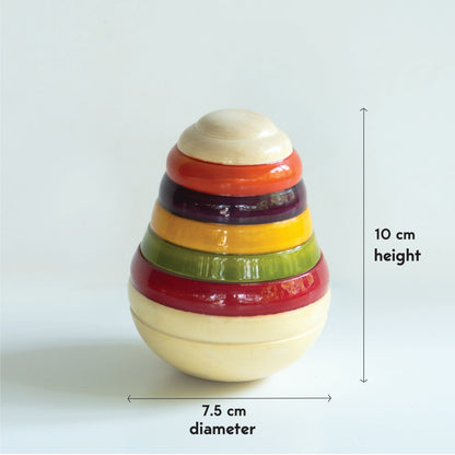 Wooden pear wobbler measurement details for babies 3–12 months.