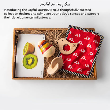Wooden Joyful Journey Baby Box set for sensory play, teething comfort and early recognition.