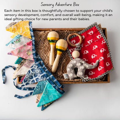 Wooden Sensory Adventure Baby Box benefits for sound play, comfort and sensory exploration.