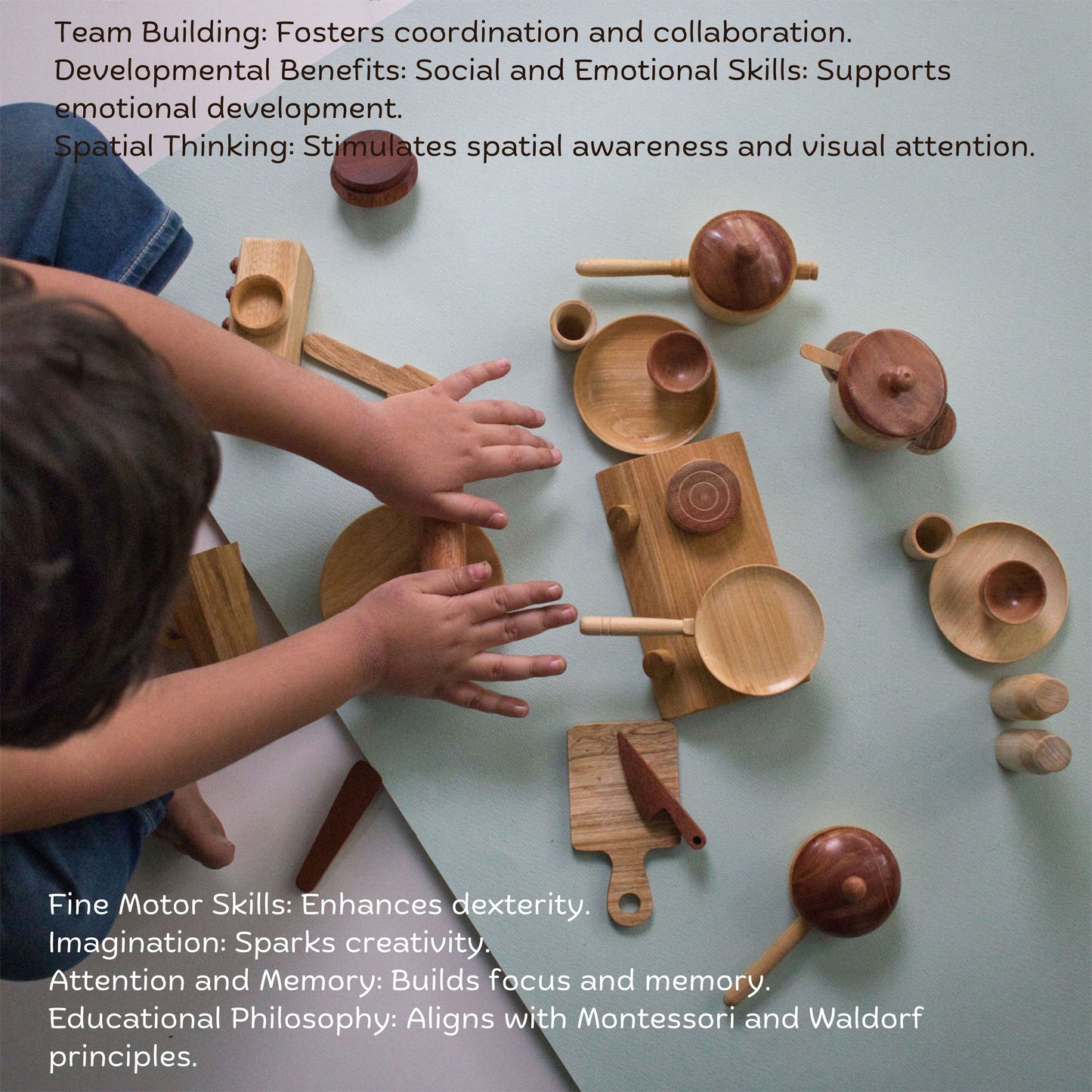 Toddler playing with Wooden Kitchen Set – handmade wooden toy kitchen developing spatial awareness, dexterity & imaginative play