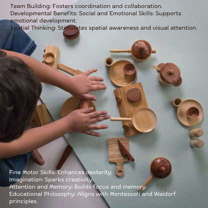 Toddler playing with Wooden Kitchen Set – handmade wooden toy kitchen developing spatial awareness, dexterity & imaginative play