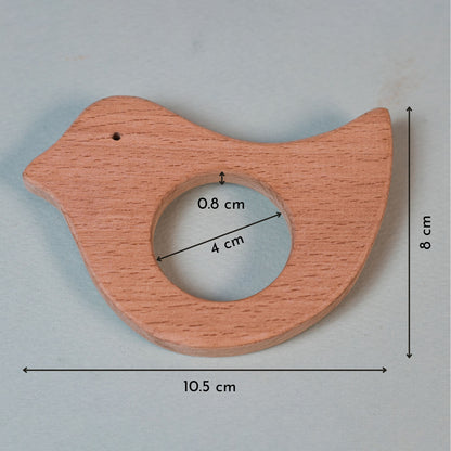 Wooden bird teether measurement details for safe baby play.